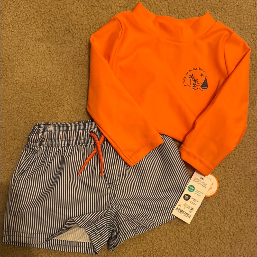 Orange Rash Guard and Striped Swim Shorts Set